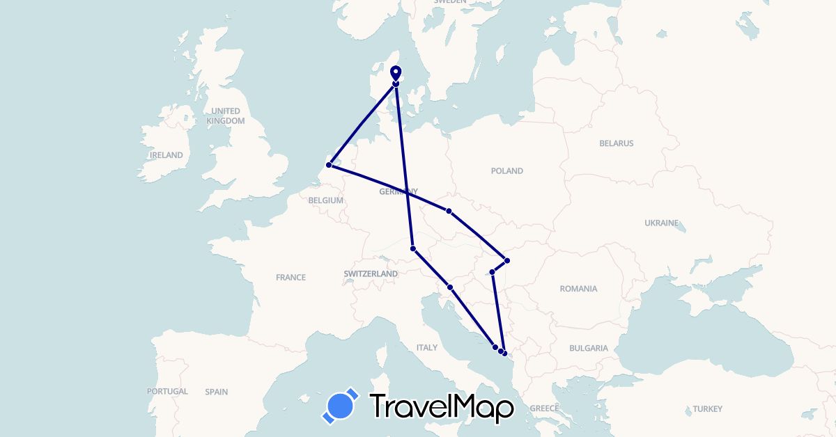 TravelMap itinerary: driving in Czech Republic, Germany, Denmark, Croatia, Hungary, Montenegro, Netherlands, Slovenia (Europe)